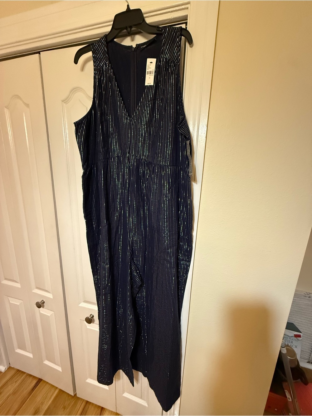 Navy Sleeveless V-Neck linen Sparkle Jumpsuit-Lane Bryant